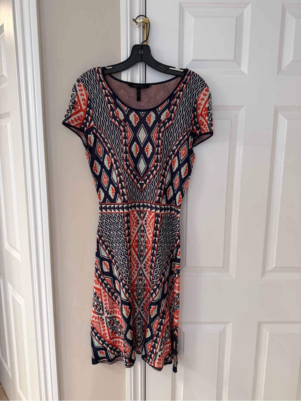 BCBGMaxAzria Short-Sleeve Geometric Dress in Navy and Coral